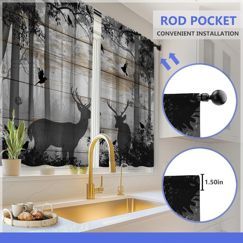 Aimego Deer Forest Kitchen Curtains - Hunting Vintage Small Short Cafe Tier Curtains Farmhouse Rustic Decor for Living Room Rod Pocket Window Drapes 36 Inch Length 2 Panels Set 28"x36" - Image 4